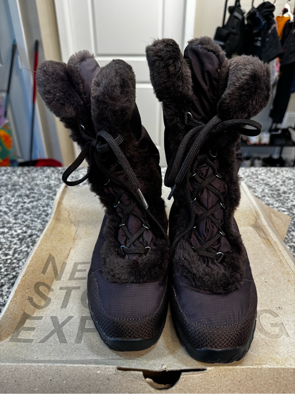 Women's Black Fur-Trim Winter Lace-Up Boots